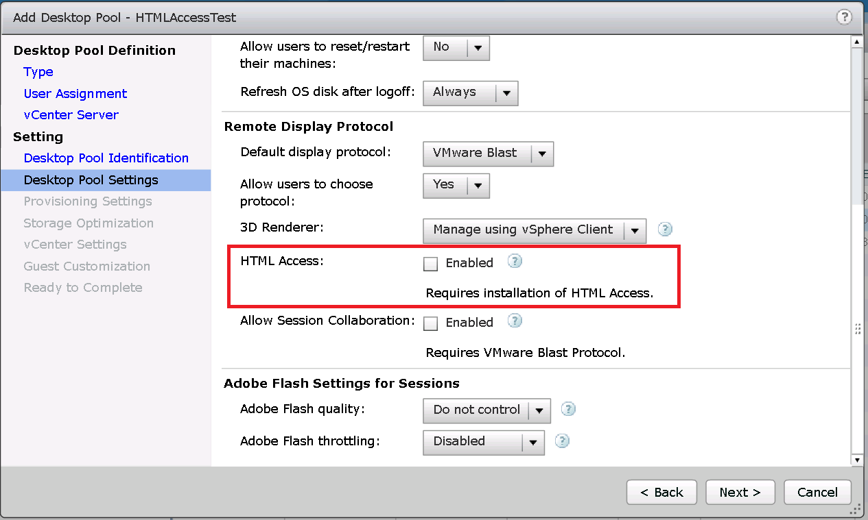 Horizon 7 のプール設定画面。HTML Accessの設定項目がある。